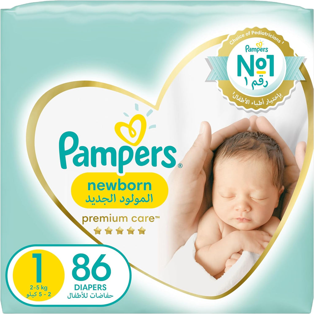 Pampers Premium Care Diapers, Size 1, Newborn, 2-5 Kg, Jumbo Pack, 86 Count