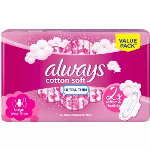 Always Cotton Soft Ultra Thin, Large sanitary pads with wings, 16 Count