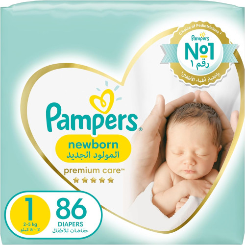 Pampers Premium care Diapers, Size 1, Newborn, 2-5 kg, Jumbo Pack, 86 Count